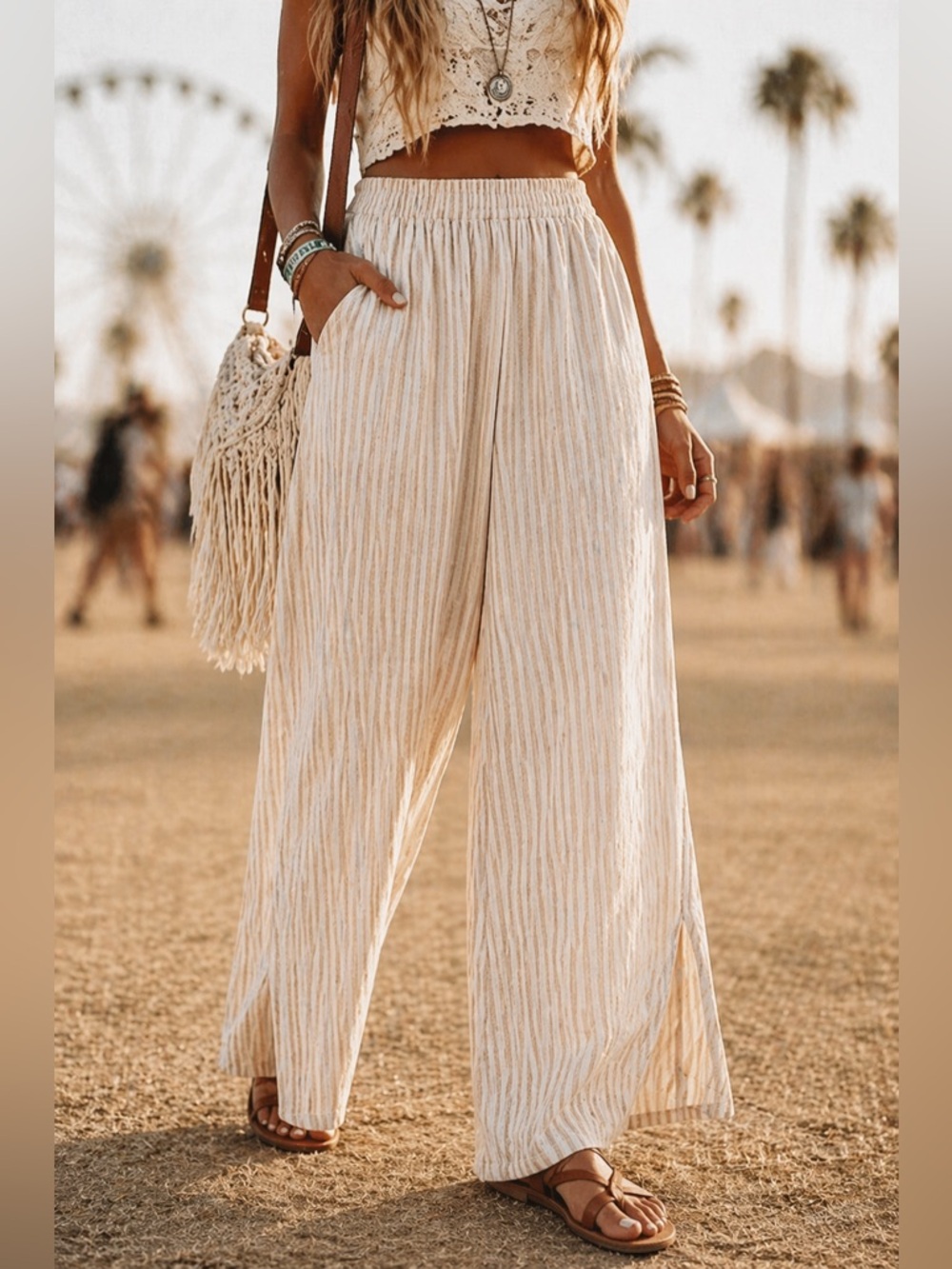 By Together Boho Stripe Wide Leg Pants Beige Neutral Coastal Cottagecore Linen S